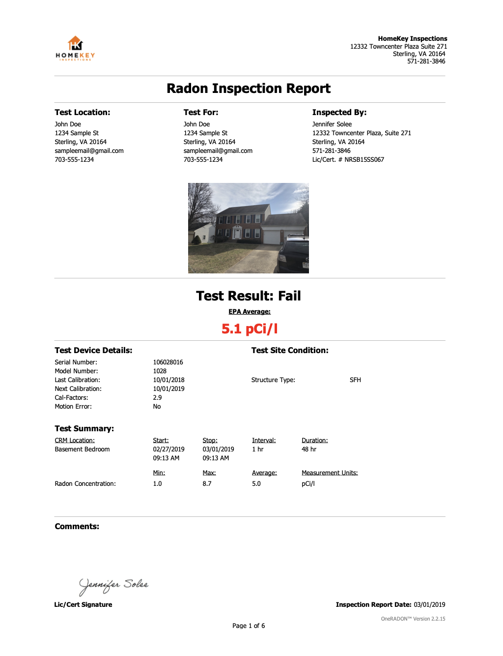 Front page of radon sample report